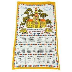 Vtg 70s Kitchen Calendar Tea Towel  1976 Independence Hall Bicentennial 1776